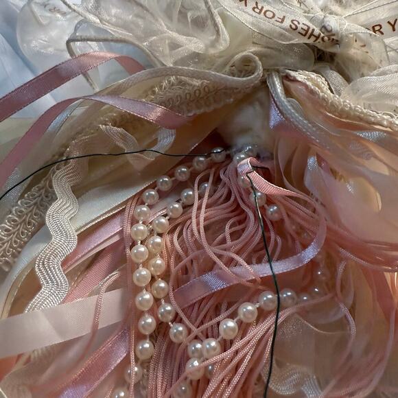 VTG Porcelain Angel Christmas Ornament Cream Pink Pearl Lace Feathers Ribbon 12” - Picture 15 of 16